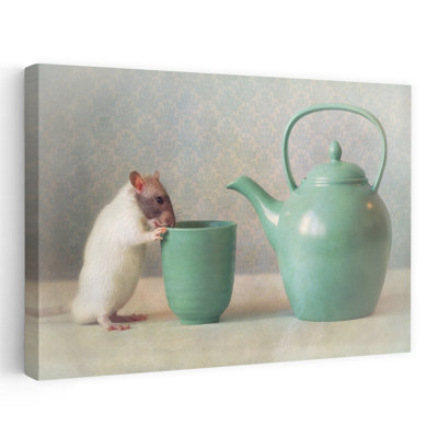 Curious Rat Tea Moment Contemporary Wall Art Print by Ellen Van Deelen - Wrapped Canvas Print