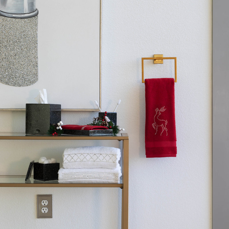 Sparkles Home Reindeer Rhinestone Hand Towel | 100% Turkish Cotton Terry | Perfect for Bathroom, Red