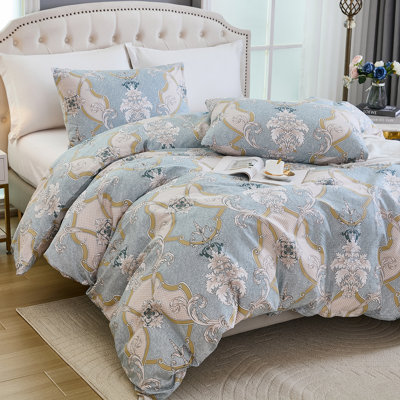 100% Natural Cotton Comforter Set 3 Pcs Grayish Blue Bedding Sets with Luxurious Damask Pattern, Reversible Breathable Soft Comforter Sets for All Sea