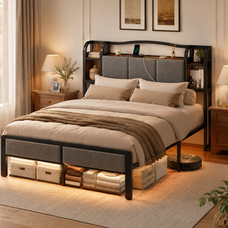 Upholstered Bed Frame With Led Lights & Charging Station, Queen