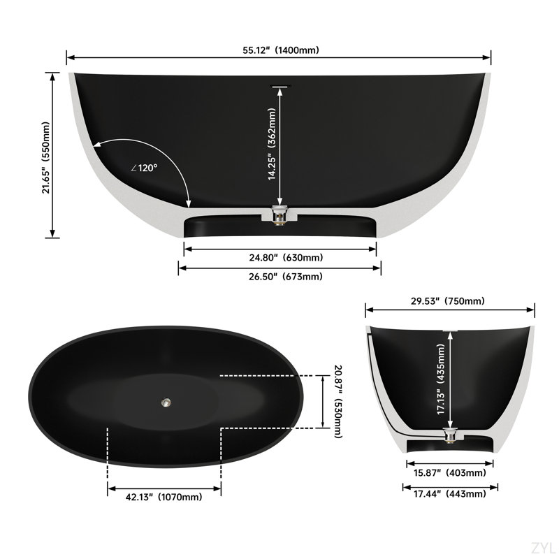 Baignoire profonde 55 ", Noir mat
