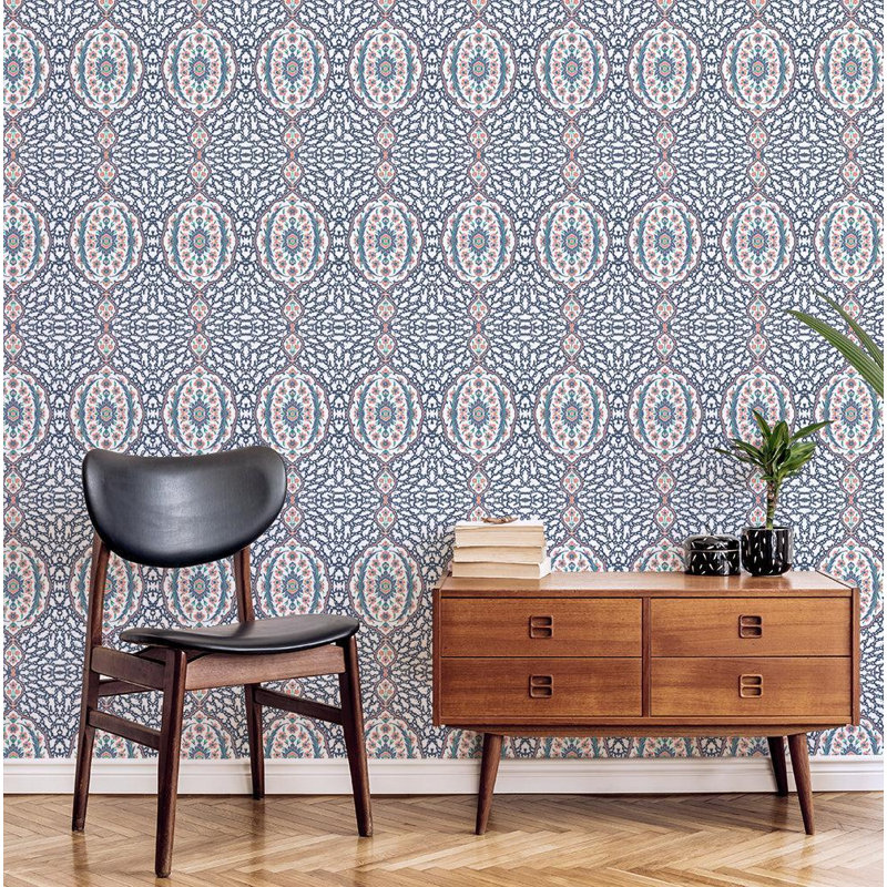 Nomad Ottoman Jewel 10' L x 24" W Peel and Stick Wallpaper Roll, Blue/Coral, Faux Grasscloth, Non-pasted
