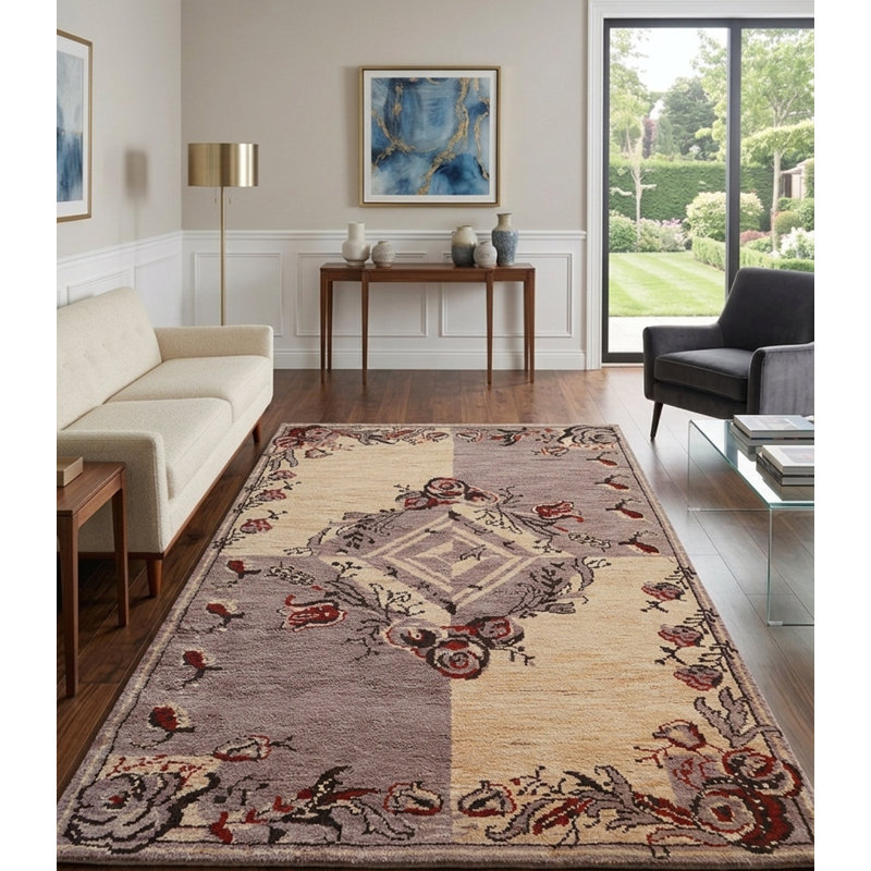 Tapis d'intérieur rectangulaire oriental noué à la main, en laine brun clair et or, Rectangle de 5 pi x 8 pi