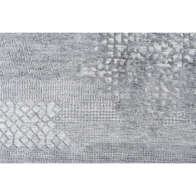 Tapis gris / blanc en viscose / laine noué à la main, Rectangle 8 pi x 10 pi
