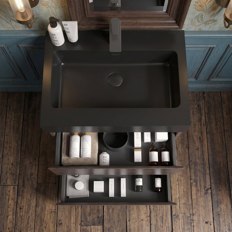 Wall Mounted Single Vanity Bathroom Vanity With Solid Surface Top, Noyer