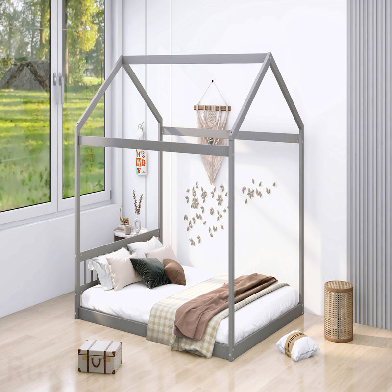 Grand lit maison en bois avec tête de lit, gris, Grey
