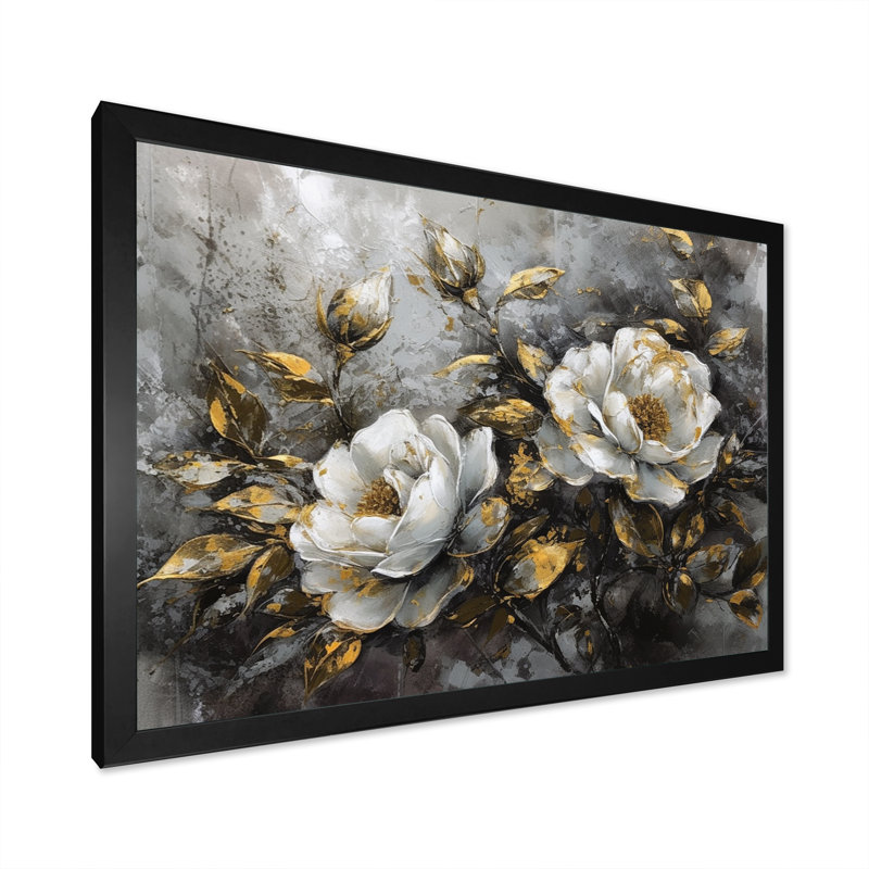 White White Roses - Rose, reproduction d'art sur toile encadrée, Cadre photo noir, H 24 po x l 32 po x P 1 po