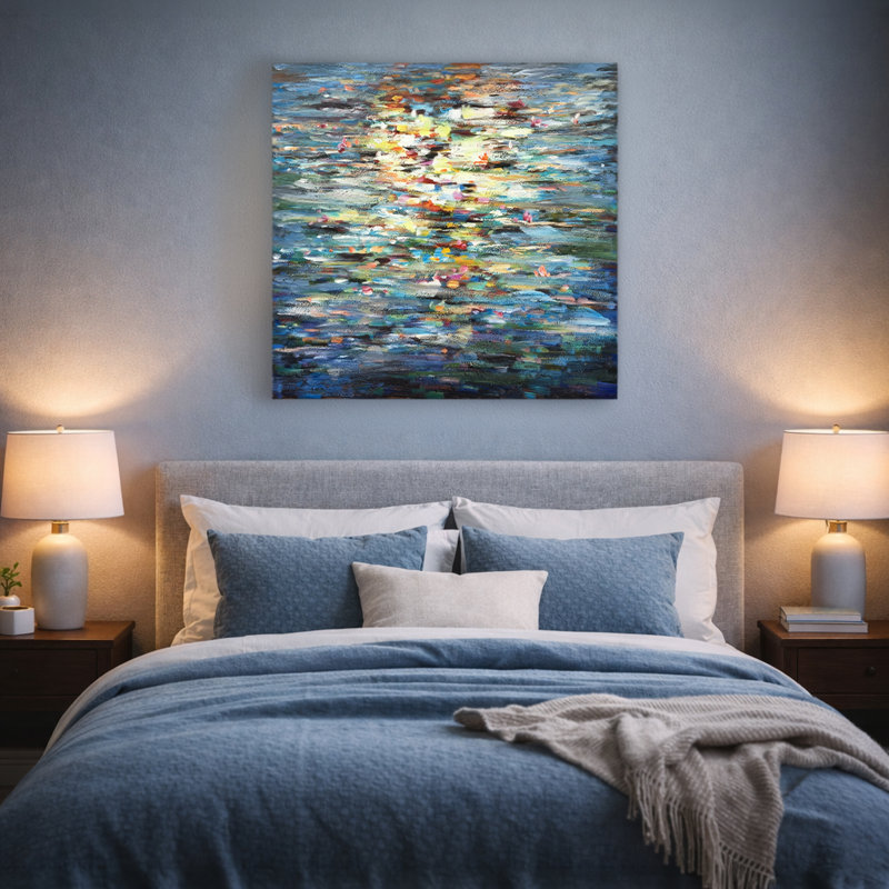 Modern Abstract Water Reflection Canvas Wall Art, Blue Textured Painting, 40" H x 40" W
