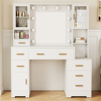 Grand bureau de 49 po avec miroir, lumières et station de charge avec 7 tiroirs et 3 armoires
