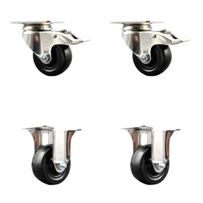 316SS Hard Rubber Wheel Swivel Top Plate Caster Set 2 Lock Brake 2 Rigid