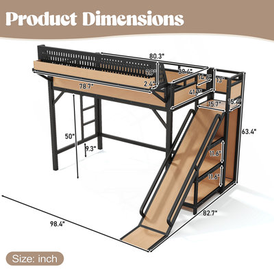 Lit mezzanine en métal avec glissade, armoire et ports USB