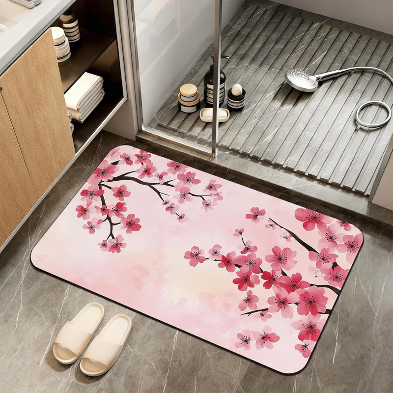 Tapis de bain fleur rose, tapis de bain en terre de diacre à fleurs de cerisier, tapis en caoutchouc antidérapant pour salle de bain lavable à séchage rapide 17 po x 29,5 po