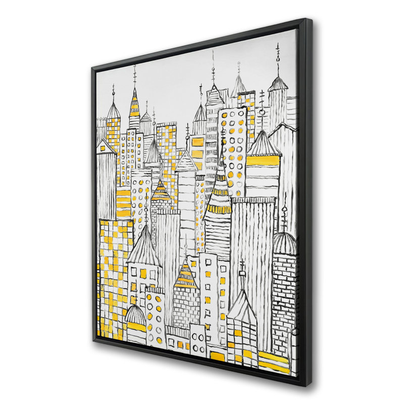 «Yellow Illustrative City Towers», art sur toile encadré noir