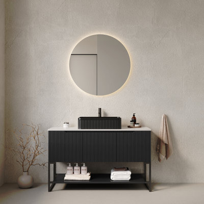Meuble-lavabo autoportant de 48 po avec 3 portes et 1 tablette ouverte en céramique avec comptoir en pierre frittée Carrara