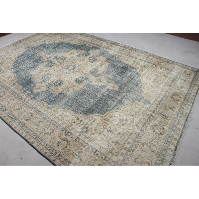 Tapis Oushak bleu marine tissé à la main avec motif à médaillon pour le salon en style campagnard biologique fabriqué en pure laine