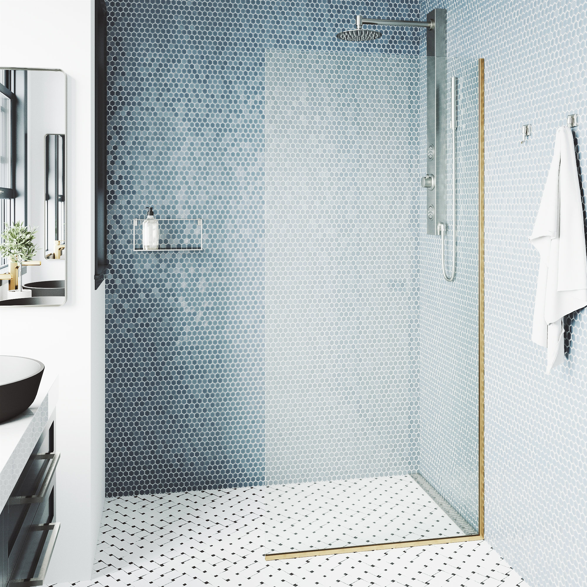 Zenith 34" W x 74" H Fixed Frameless Shower Screen with 3/8" Glass, Matte Gold Clear 