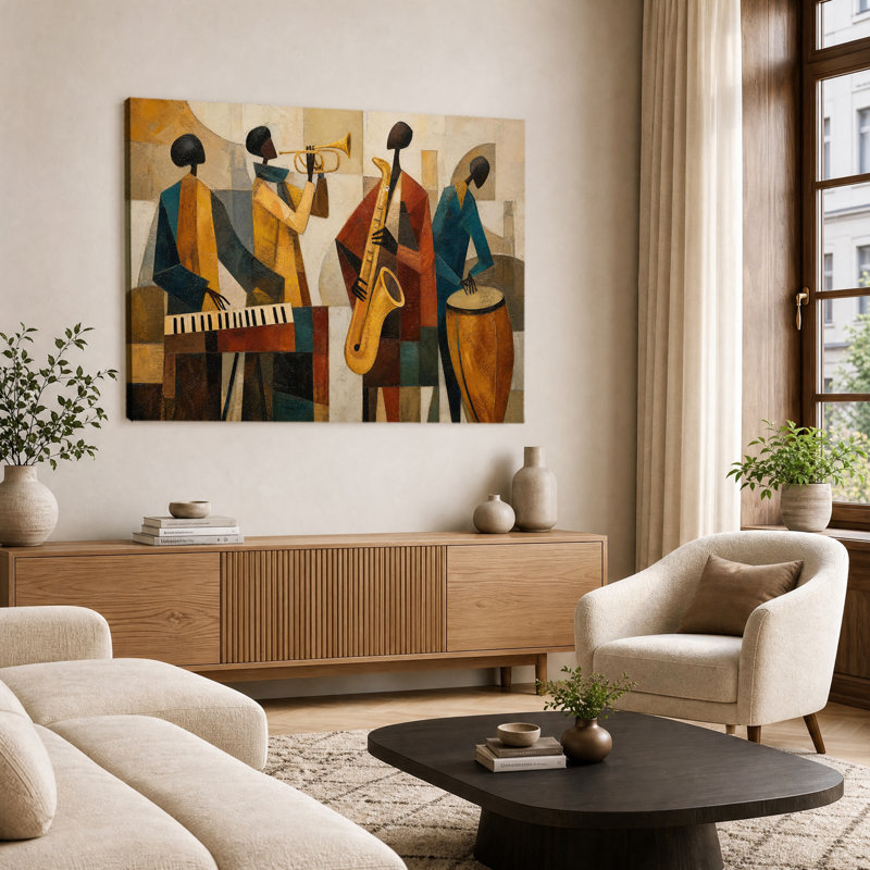 Abstrait géométrique noir Jazz Band, reproduction d'art sur toile tendue avec châssis, 28 po x 40 po