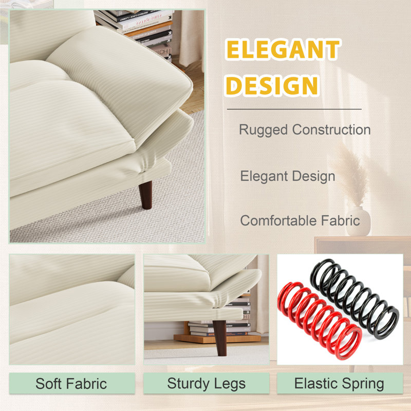 65” Futon multi-person sofa that can be converted into bed with adjustable back and ends, Beige Corduroy