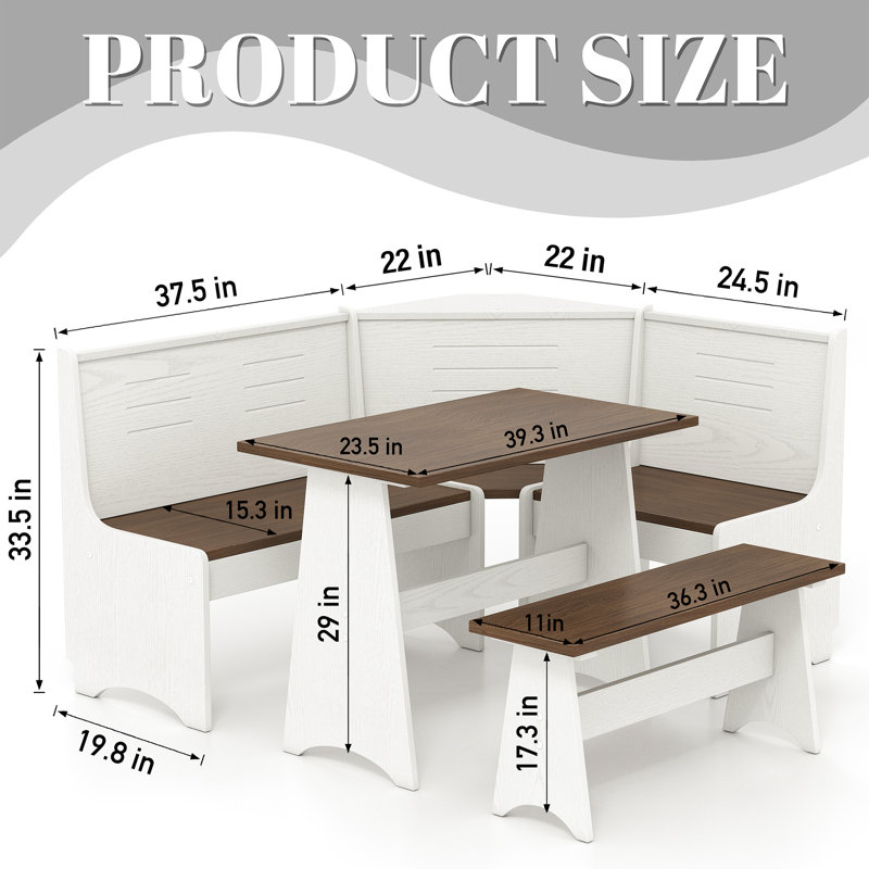 Breakfast Nook Kitchen Corner Dining Table Bench Chair Set with Storage, Space-Saving 3-4 Seat L-Shape for Farmhouse Family Home Wood