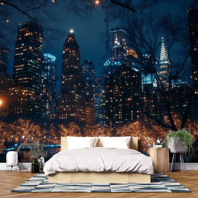 Papier peint NYC Skyline - Papier peint ville de nuit avec lumières pour décor de chambre Vn895 (Peel-N-Stick) VN895