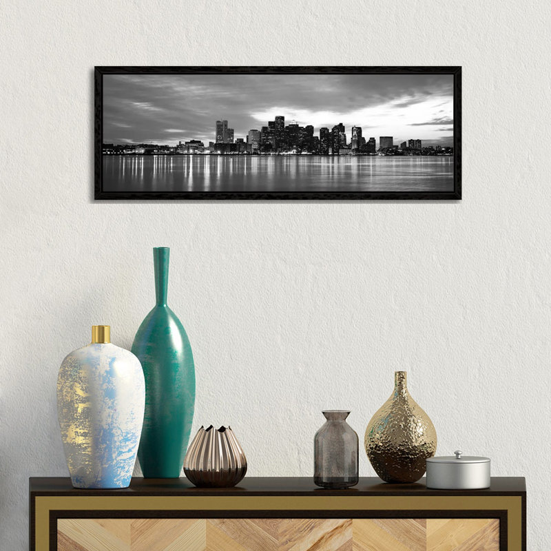 Boston Panoramic Skyline Cityscape (Black & White - Sunset) by Unknown Artist - Floater Frame Panoramic Gallery-Wrapped Canvas Giclée on Canvas