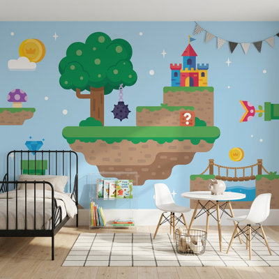 Video Game Landscape Wallpaper Floating Islands Flat Vector Removable Wall Decor