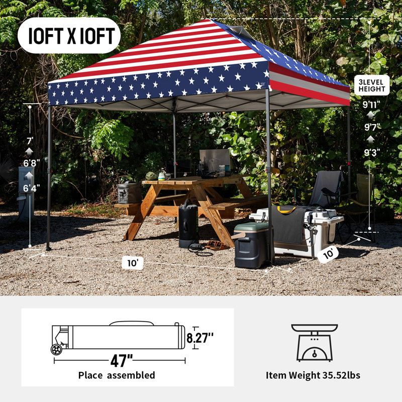 Tente à auvent escamotable commerciale avec serrure centrale et structure en métal 10 pi x 10 pi CROWN SHADES, drapeau américain