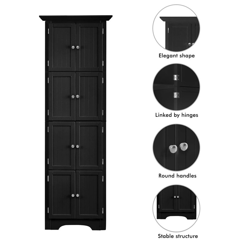 Tall Storage Cabinet With Doors And 4 Shelves For Living Room, Kitchen, Office, Bedroom, Bathroom, Modern, Black