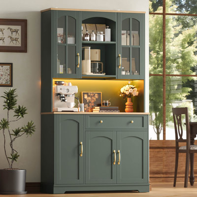 Tall Kitchen Cabinet with RGB LED, Arched Glass Doors & Vintage Grey-Green