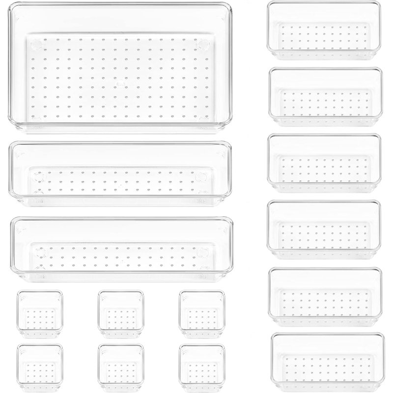 Ensemble de 72 tiroirs en plastique transparent 72 pièces, 4 plateaux de rangement polyvalents pour salle de bain et coiffeuse, contenants de rangement antidérapants pour le maquillage, les bijoux, la chambre à coucher, les ustensiles de cuisine et le 