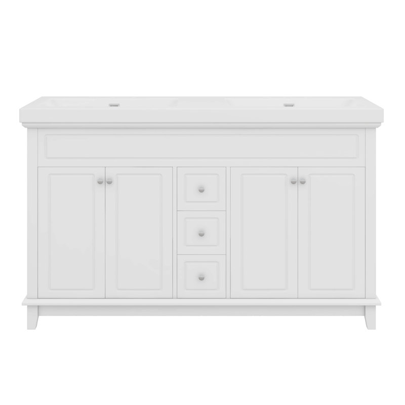 Meuble-lavabo à double cuve 60 ", pieds en bois massif, 3 tiroirs, 4 portes, 2 tablettes double couche, conception à fermeture en douceur