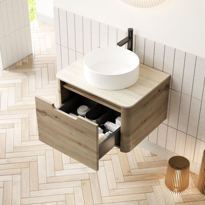 Meuble-lavabo de 24 po avec rangement mural, lavabo vasque rond en céramique blanc lisse, comptoir fritté à motif, meuble-lavabo 24 po avec finition en chêne, tiroir à fermeture en placage en contreplaqué, pierre teinte, facile