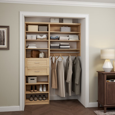 Natural Oak 57" Floor-Mounted Single Wall Closet System with 2 Sections, 1 Clothing Rod, 10 Shelves & 2 Shaker Drawers