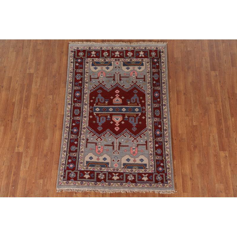 Tapis traditionnel indien gris et rouge en laine 4 x 6