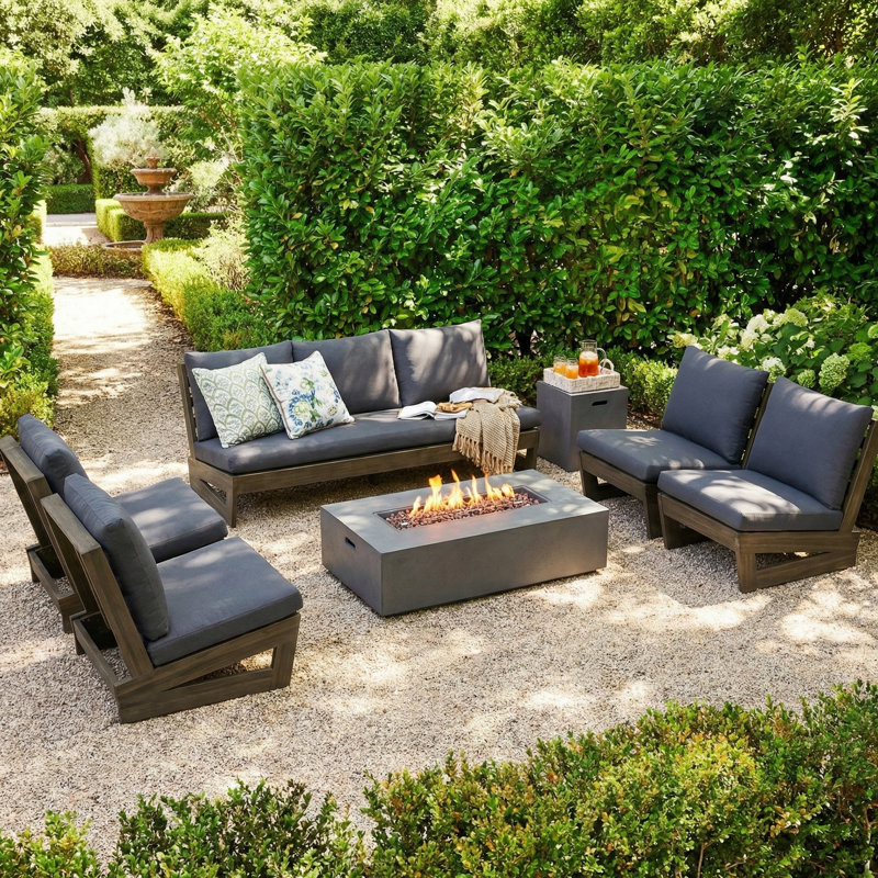 Louise Modern Outdoor Acacia Wood Conversation Set With Cushions, Gray, 7 Pcs: Firepit Table, Tank Holder, Sofa, 4 Chairs
