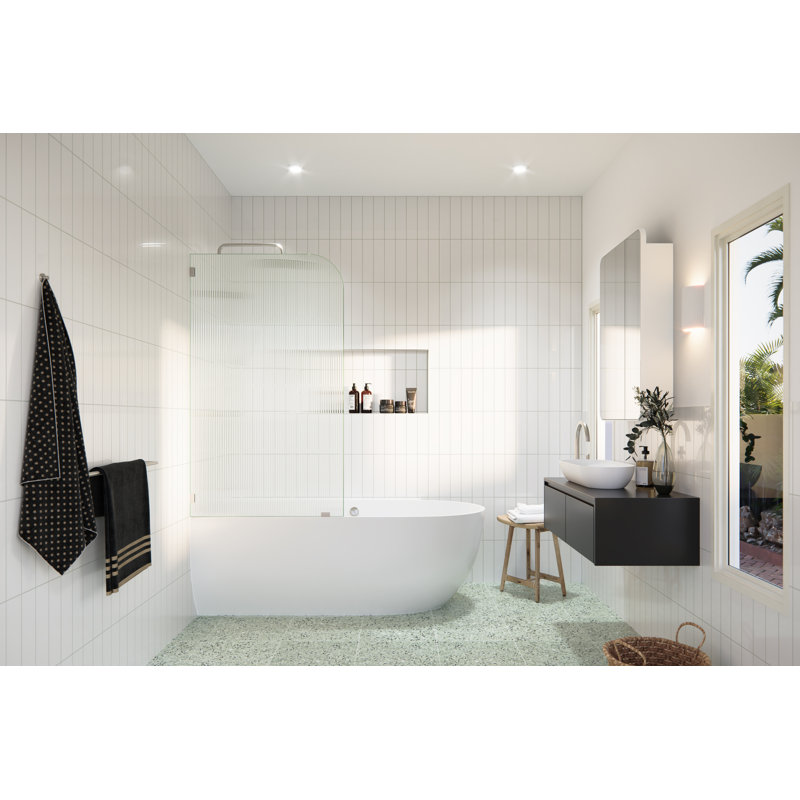 Aurora 34 in. x 58.25 in. Frameless Fluted Radius Single Fixed Bath Panel, Brushed Nickel, Left Hand