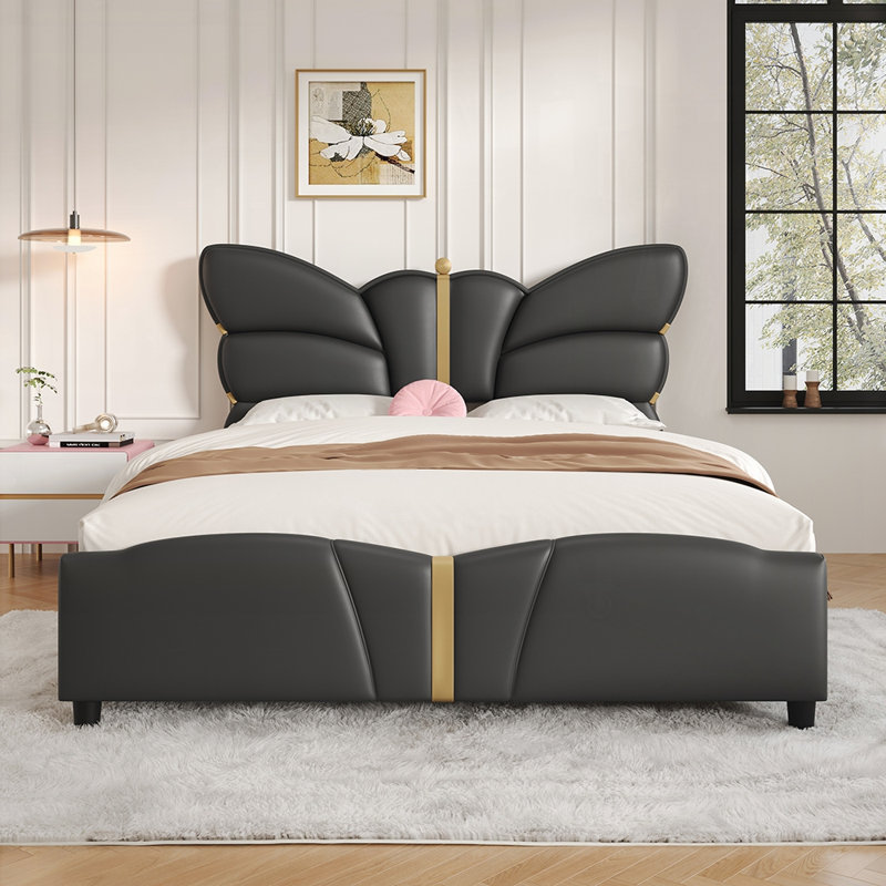 Lit tapissier en cuir d'inspiration papillon avec structure robuste et assemblage facile, aucun sommier requis, Noir
