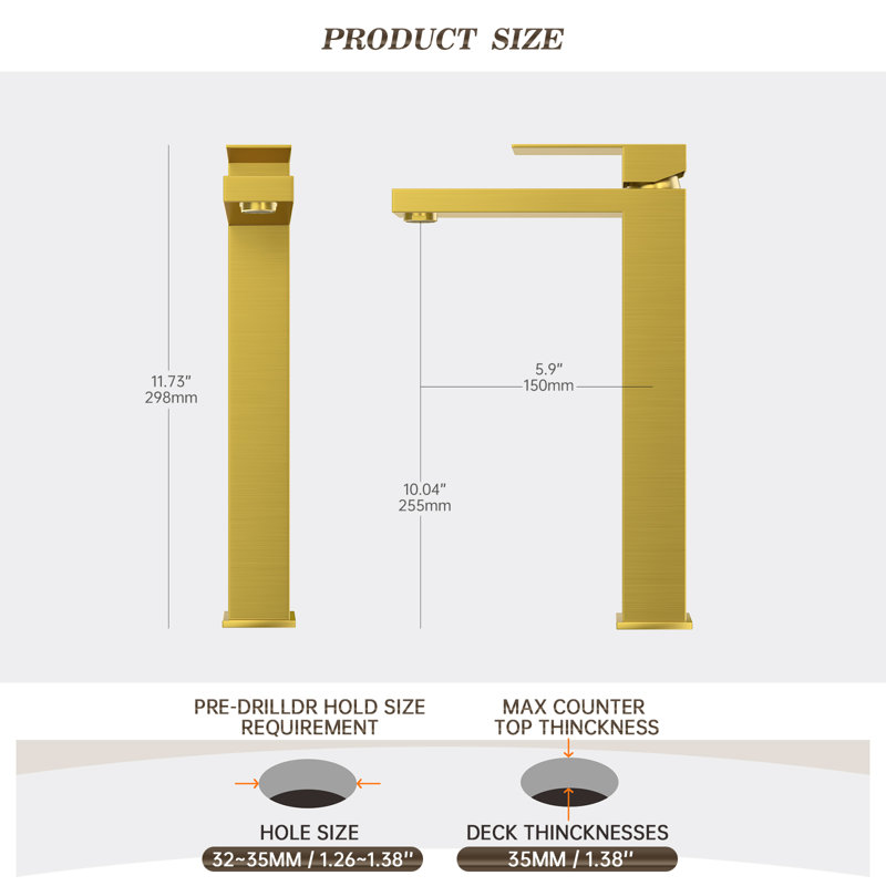 Robinet de salle de bain vasque à une poignée en or brossé avec lavabo vasque à poignée simple, Brushed Gold