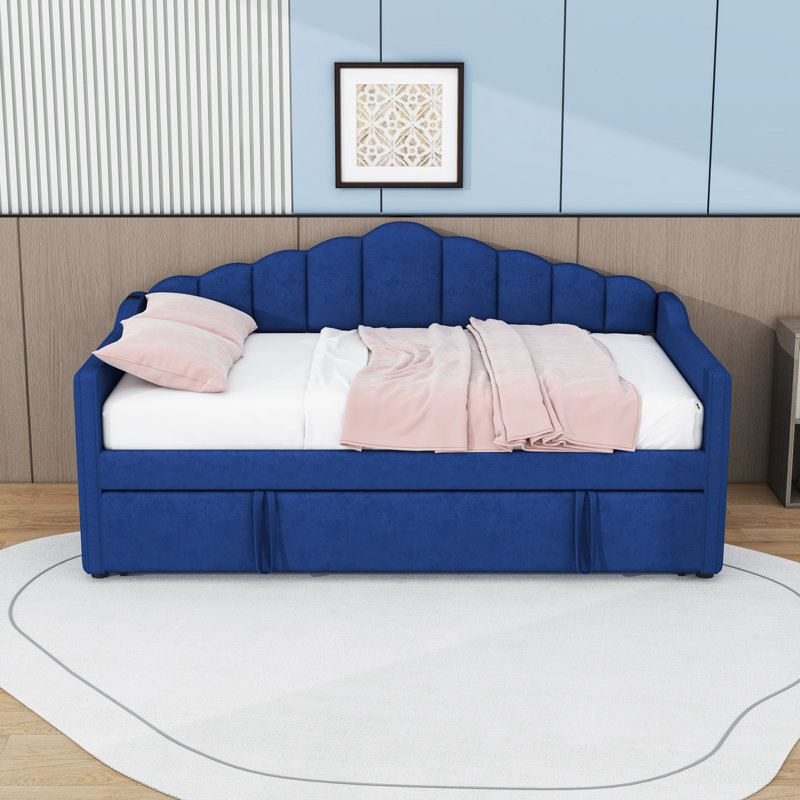 Twin Upholstered Daybed with USB & Type-C Charging Port and Pop-Up Trundle