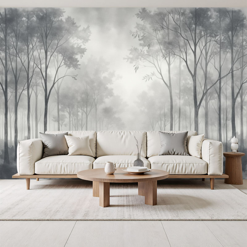 Papier peint auto-adhésif Misty Forest Landscape Tall Trees Subtle Fog, L 96 po x l 69 po