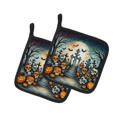 Calaveras Sugar Skulls Spooky Halloween Pair of Pot Holders