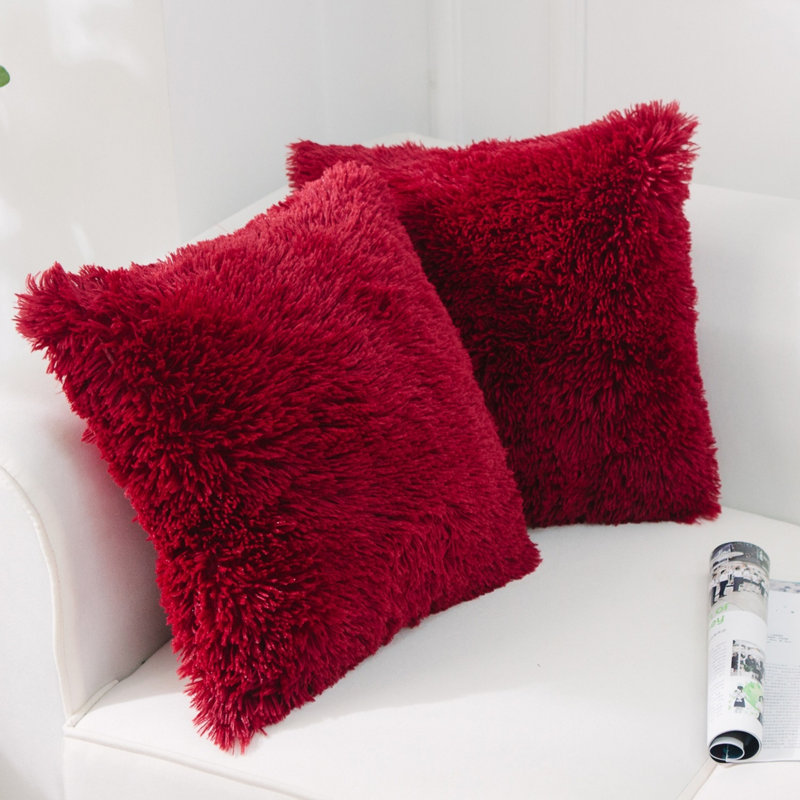 Housse de coussin carrée en fausse fourrure, Vin rouge, H 24 po x l 24 po