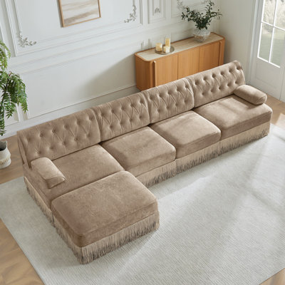 135" L Shaped Pet-Friendly Velvet Fabric,Chesterfield Style Sofa,Tassel Skirt,Slightly Curved Square Armrests,Free Combination,Ergonomic Design,For Living Rooms Rest Areas Bedroom