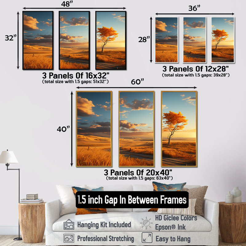 Ensemble d'art mural Hrmonous Prairie Symphony I - Prairies, Cadre flottant noir, H 40 po x l 60 po x P 1 po