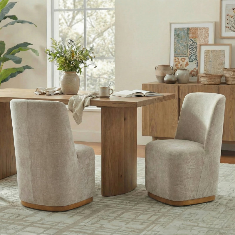 Ember Modern Upholstered Fabric Dining Chairs with Rubberwood Base, Oatmeal