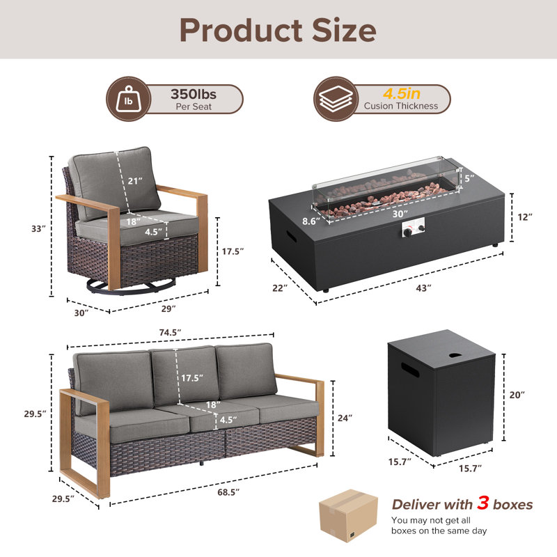 Drazen 5 - Person Patio Furniture Set With Fire Pit Table, All-Weather Wicker Outdoor Conversation Set With Chair And Thick Cushions