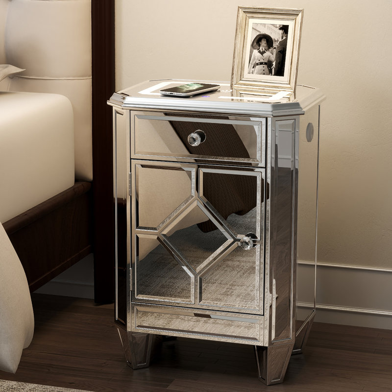 Silver Mirrored Nightstand with Wireless Charging, LED  End Table with Drawer, Modern Side Table with Storage Cabinet