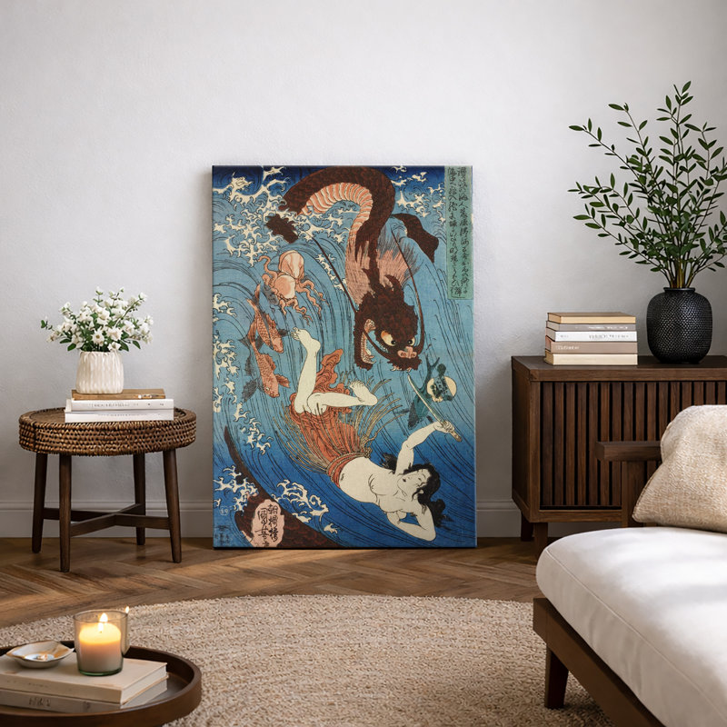 «Diver Battling Sea Serpent», œuvre d'art traditionnel japonais sur toile, impression d'art numérique sur toile encadrée