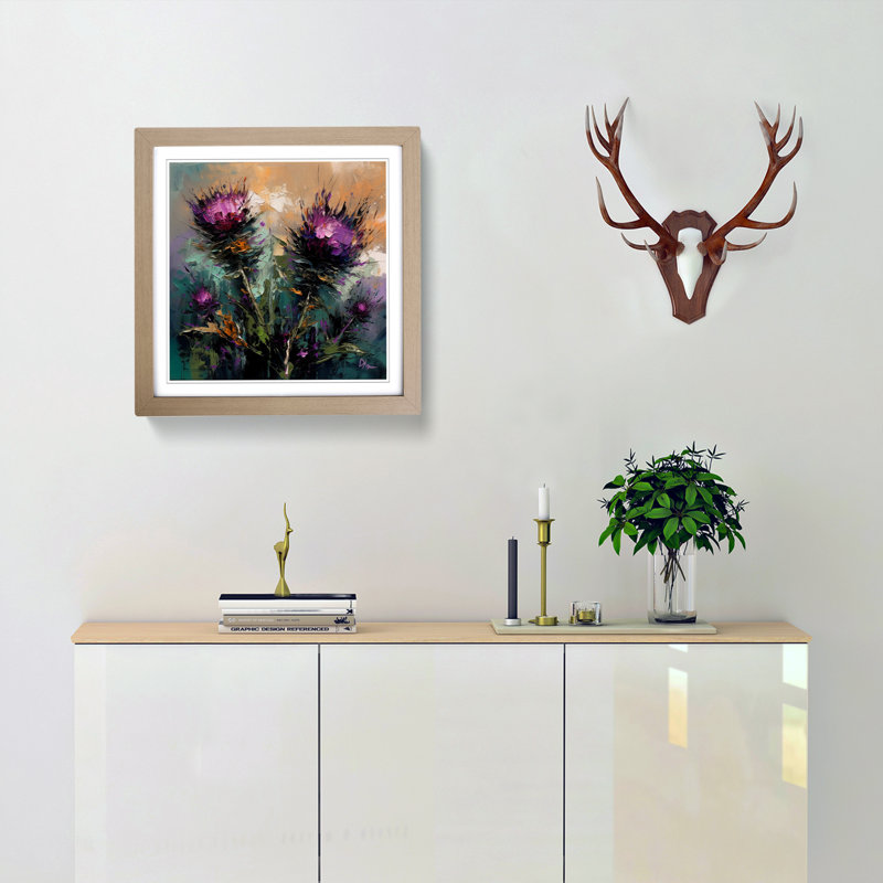 Thistle Palette Knife Painting - Framed Print, Oak