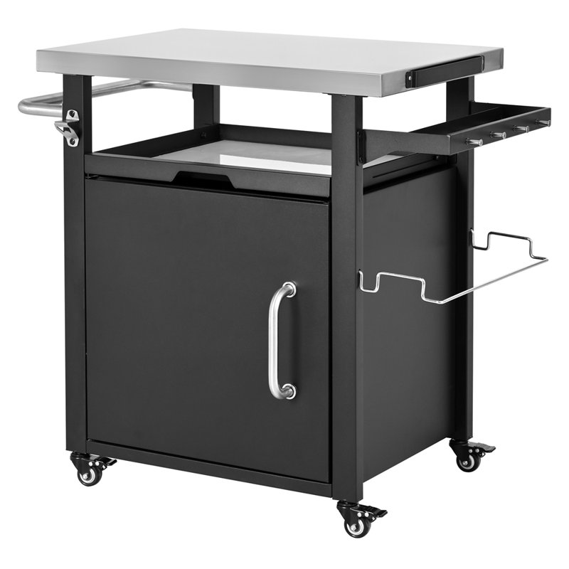 Outdoor Grill Cart with Storage Cabinet, Outdoor Bar Cart Pizza Oven Table with Wheels, Stainless Steel Top, Outdoor Kitchen Island with Spice & Paper Rack for BBQ, Waterproof Cover Included